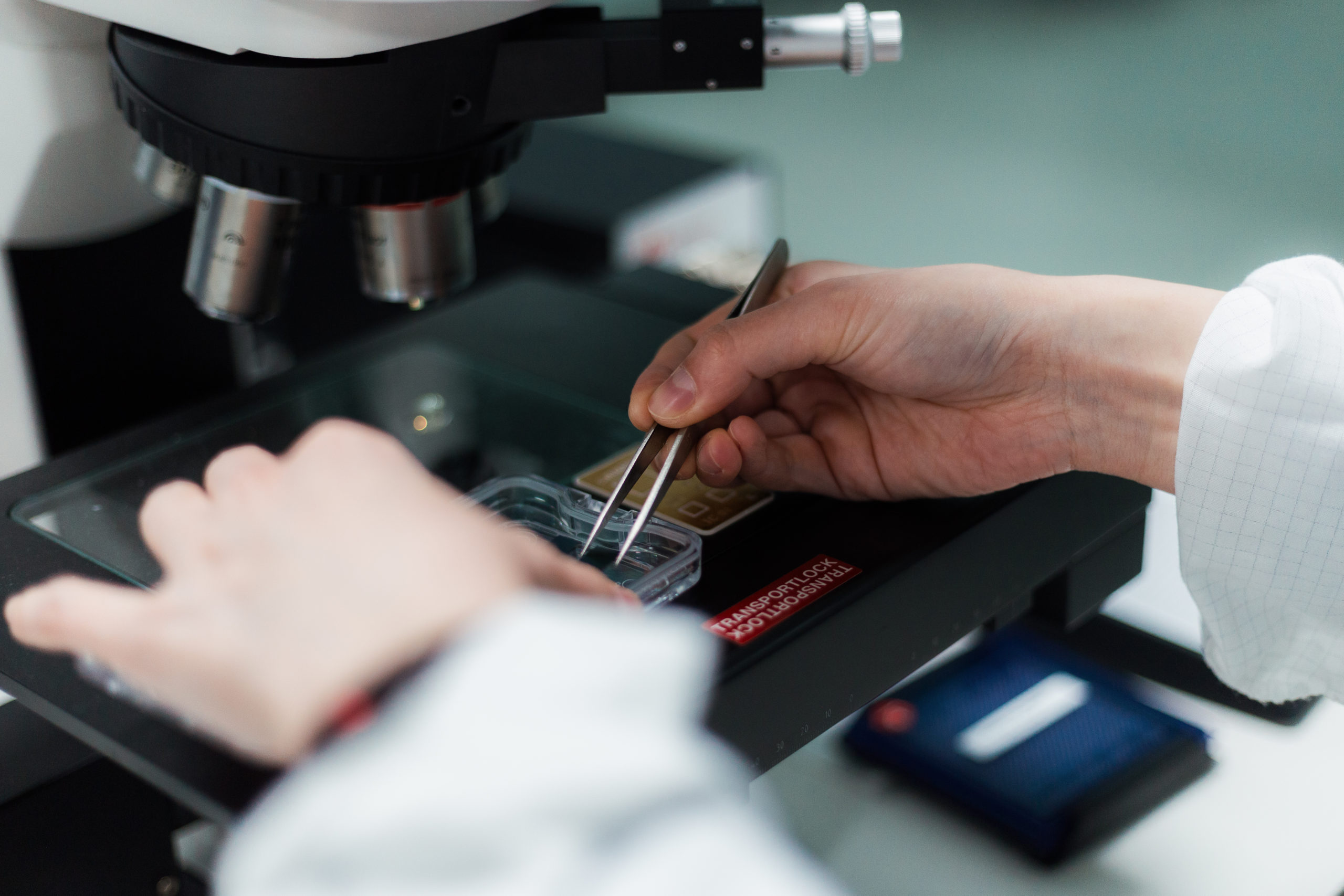 A person uses tweezers to examine samples under a microscope in a laboratory setting. - CSA Catapult