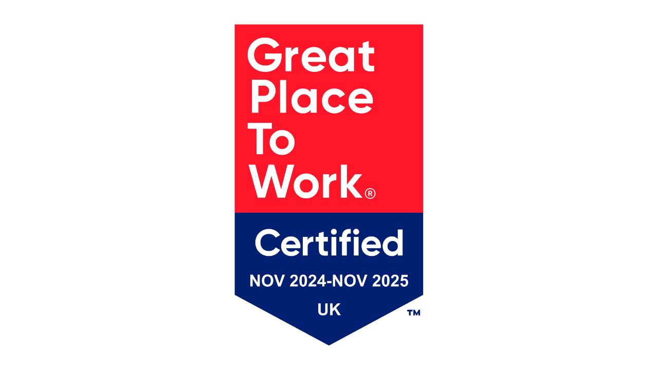 The Great Place to Work certified badge, adorned with a vibrant red and blue background, represents its UK certification validity from November 2024 to November 2025. - CSA Catapult