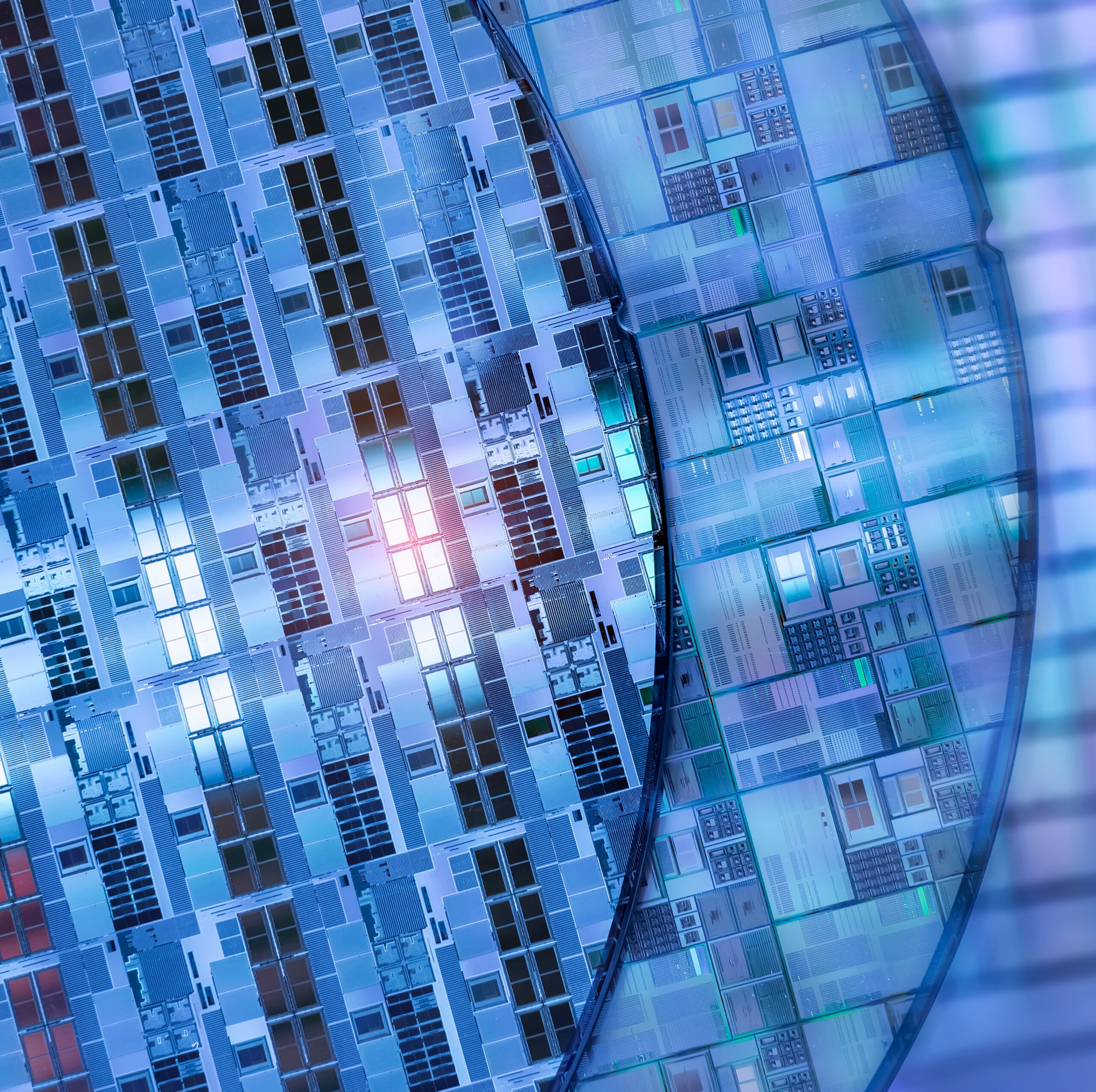 Close-up of two e-commerce semiconductor wafers with intricate circuit patterns, reflecting light in blue and purple shades. - CSA Catapult