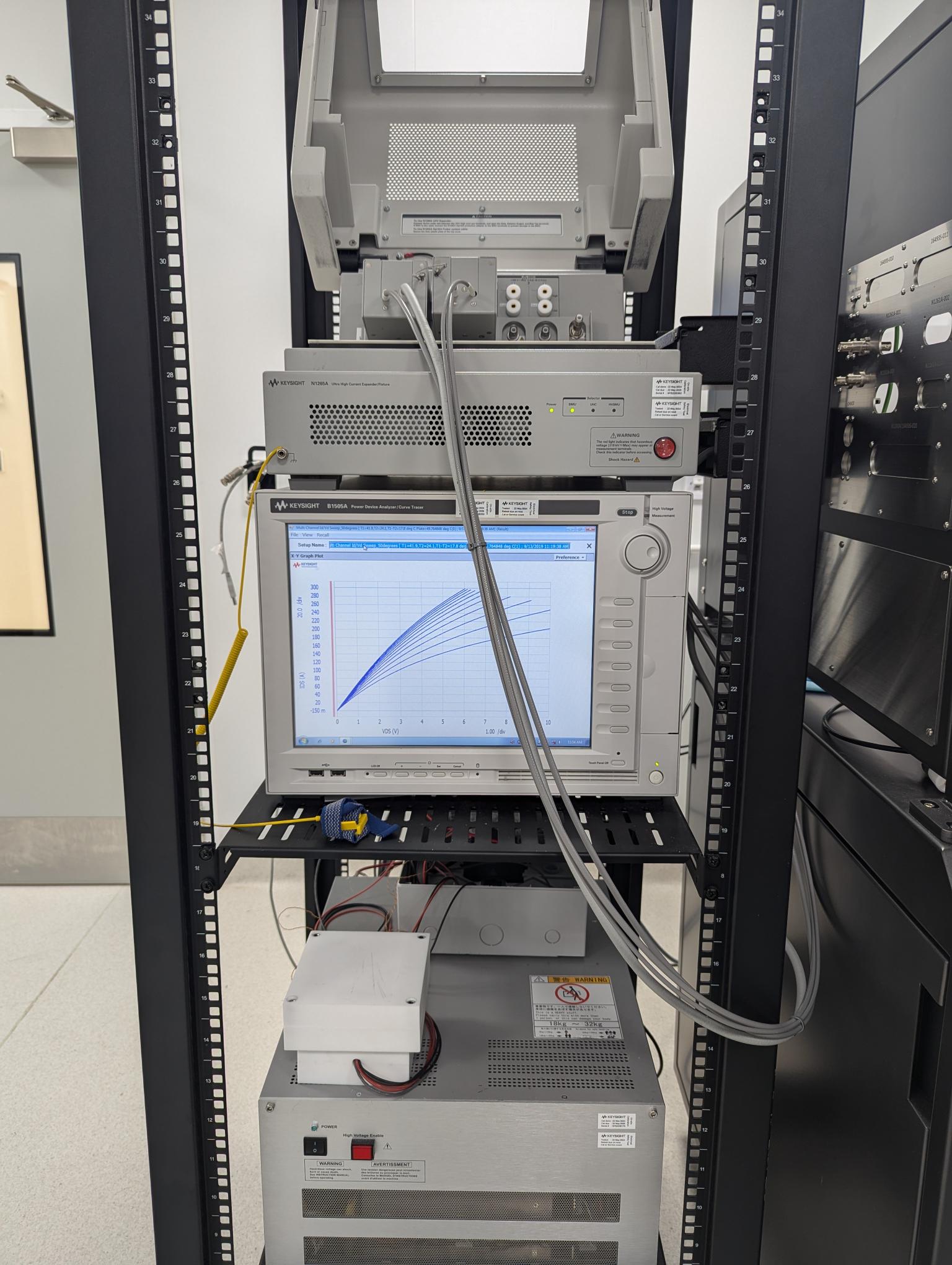 Keysight B1505 Power Device Analyser with a monitor displaying a graph and various wires in a server rack. - CSA Catapult