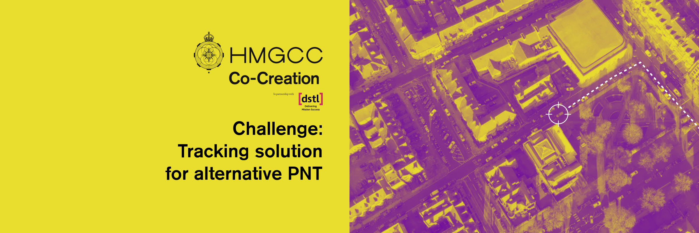Split image; left: HMGCC Co-Creation Challenge text on yellow, right: aerial city view in yellow-purple tones. - CSA Catapult
