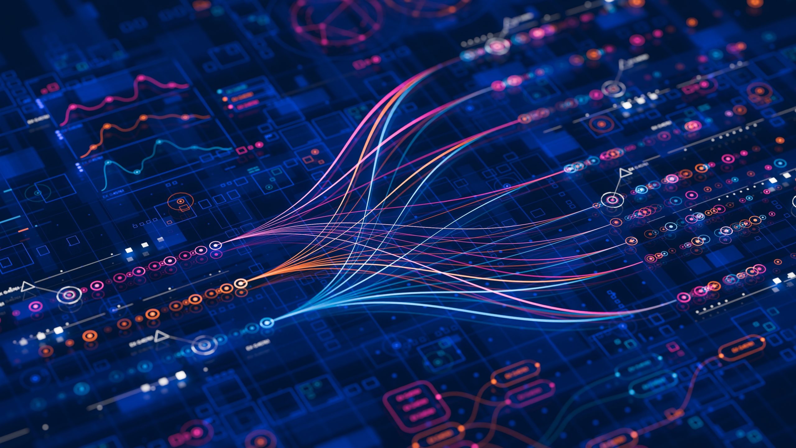 Abstract digital illustration of data streams converging, symbolizing machine learning and the power of e in data analysis. - CSA Catapult